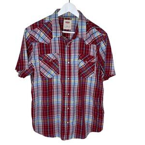Levi's Men's Short Sleeve Red Plaid Western Shirt, Pearl Snaps, Size Large